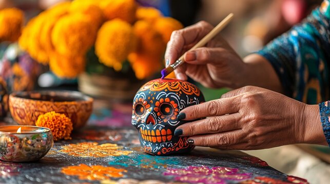 Hands Painting a Colorful Sugar Skull Close-Up