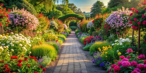 Fototapeta premium A winding stone path through a vibrant garden with an archway, sunlight dappling the foliage and flowers in a symphony of color