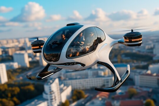 Realistic depiction of people flying in futuristic personal aircraft over a city, symbolizing tomorrow&acirc;&euro;&trade;s future of personal transportation