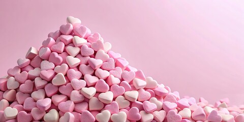 Fototapeta premium A mountain of delicate pink heart-shaped candies, cascading down a soft blush background, evoking a sense of sweetness and affection.