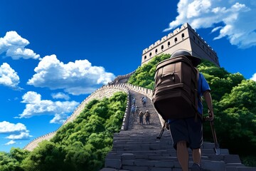 Realistic depiction of the construction of the Great Wall of China, symbolizing one of the most...