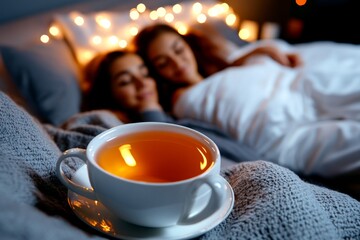 Realistic image of a couple relaxing in bed with a cup of tea, ready for a cozy, restful evening