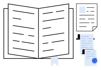 Open book with ribbon bookmark, document with text, and checklist with checkmark. Ideal for education, documentation, writing, reading, and organization themes. Simple and clean style