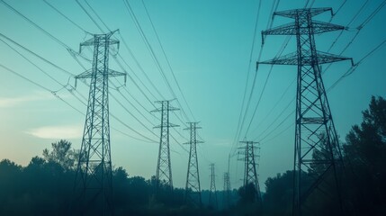 Fototapeta premium Power Lines Under a Blue Sky at Dusk
