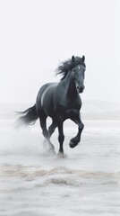 Obraz premium Majestic Black Horse Galloping Through Misty Terrain