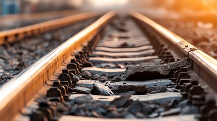 Close-up view of railway tracks stretching into the distance, showcasing rustic stones and metal rails bathed in warm sunlight.