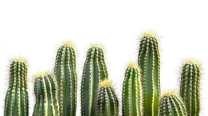 Tall green cacti with spiny textures standing against a minimalist white background, highlighting their sharp details and natural beauty. The simple, clean backdrop emphasizes the vibrant green color 