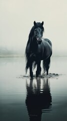 Obraz premium Majestic Black Horse Walking Through the Shallow Waves on a Misty Beach