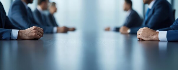 Businesspeople seated at opposite ends of a long table during tense negotiation talks, opposing sides, intense negotiation environment