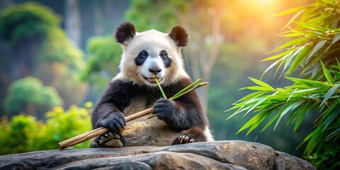 A Panda Bear Indulges in the Sweet Flavor of Fresh Bamboo Stalks, Sitting Contentedly on a Rough...