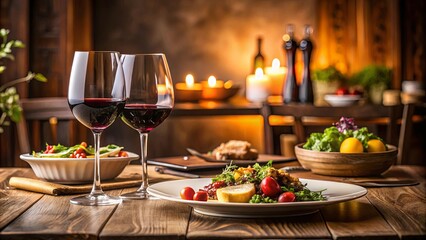 A Rustic Table Setting with Two Glasses of Red Wine, Candles, and a Salad with Fresh Tomatoes and Greens