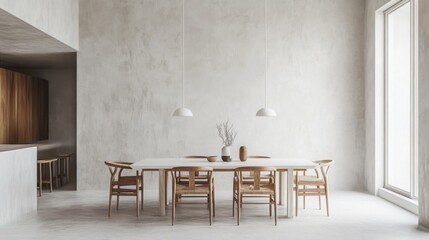 A spacious dining area features a large table surrounded by wooden chairs under elegant pendant lights. Large windows allow natural light to illuminate the simple and calming decor.