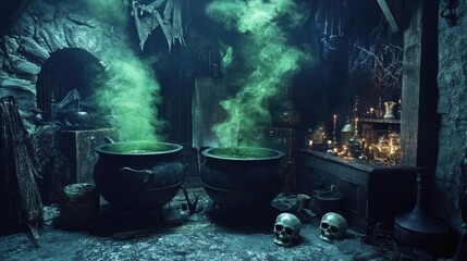 A mysterious witch's lair with bubbling cauldrons emitting green smoke and eerie decorations, perfect for fantasy-themed projects.