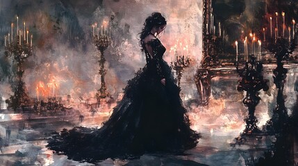 Fototapeta premium A stunning depiction of a bride in black lace at a gothic wedding, surrounded by flickering candles and rich, dark decor, rendered in soft watercolor tones. 