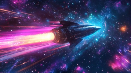 A sleek, black spaceship with bright orange flames and glowing trails flies through a star-filled night sky. In the distance, colorful nebulae swirl, and a distant orange star shines.