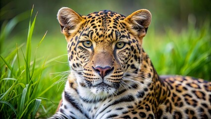 A Close-Up Portrait of a Leopard with a Focused Gaze, Its Spots Contrasting Against Lush Green Foliage
