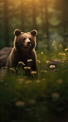 Wild Bear in Misty Forest with Lone Explorer