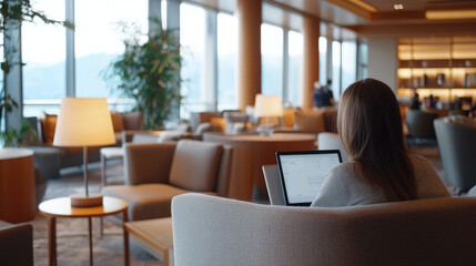businessmen and businesswomen are using their laptop , tablet and phone in the first class and business class lounge while waiting for their flight 
