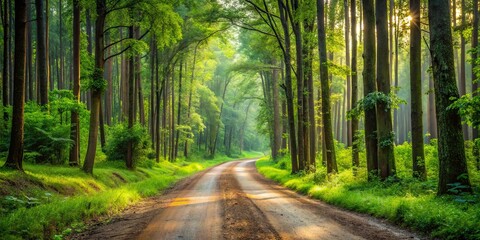 Fototapeta premium A winding dirt road through a dense forest, bathed in the golden glow of morning sunlight, the path leading to an unknown destination