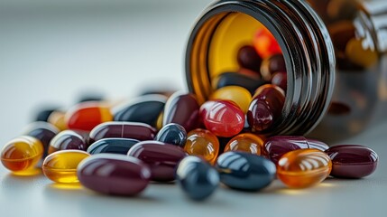 A bottle of assorted capsules and pills spilled on a surface, highlighting health and wellness.