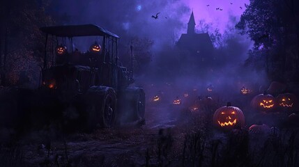 A spooky Halloween scene featuring carved pumpkins, a mysterious tractor, and a haunting landscape under a purple moonlight.