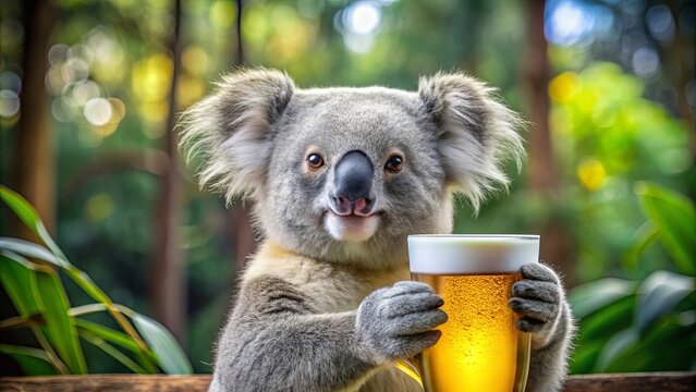 A Koala's Casual Friday, Holding a Frothy Glass of Refreshment in a Lush Forest Setting
