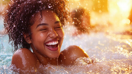Obraz premium Joyful young woman with natural hair enjoying sunny pool day.