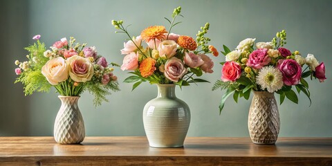 A trio of vibrant bouquets, each in a unique vase, rests gracefully on a wooden surface, their petals reaching towards the soft light, creating a visual symphony of color and texture.