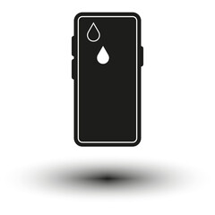 Water dispenser icon. Black and white minimalist design. Water droplets symbol. Floating shadow effect.