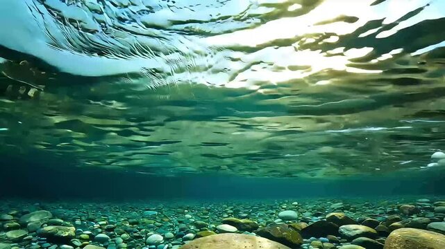 half under water shot ofmountain stream crystal clear water flowing stones Sun rays break water's surface creating stunning reflections tranquil natural setting river waterfall rock stone