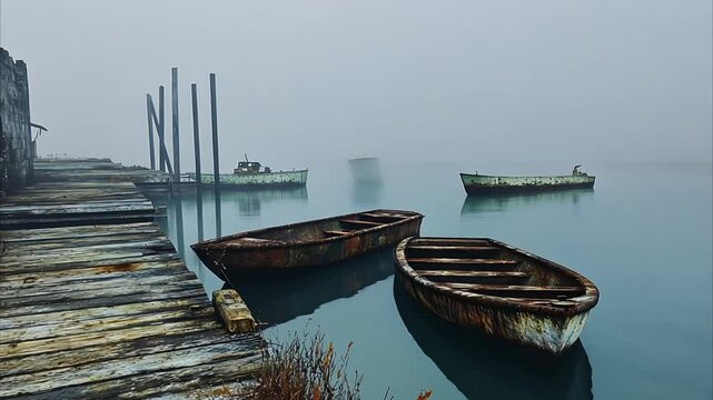 Foggy Boats and a Dock