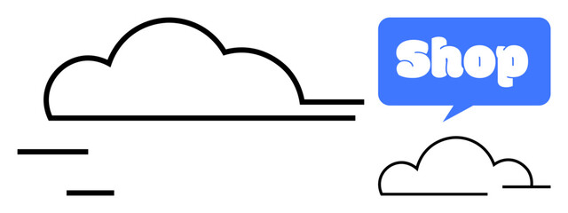 A simple drawing of two clouds, white on a blue background, with the word Shop in a speech bubble. Ideal for ecommerce, online shopping, digital stores, cloud services, marketing. Minimalist line art