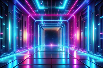 Futuristic glowing neon SciFi background with low angle perspective