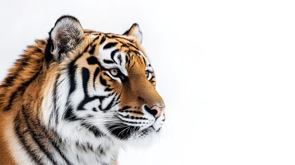 Naklejka premium Detailed and fierce tiger head illustration on a white background, showcasing the majestic features and intense gaze of the powerful predator. The sharp details of the tiger's fur, stripes, 