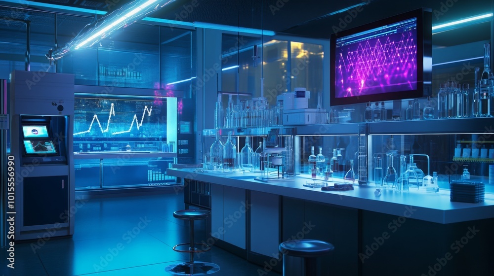 Poster The well-equipped laboratory features an array of glassware illuminated by blue lighting