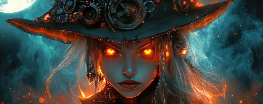 A mystical figure with glowing eyes and a steampunk hat, evoking themes of magic and night in a surreal atmosphere.