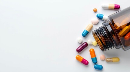 A collection of colorful pills and capsules spilled from a brown bottle on a white background.