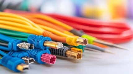 A collection of colorful cables and connectors arranged for connectivity purposes.