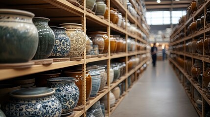 A collection of decorative pottery displayed on shelves in a spacious warehouse.
