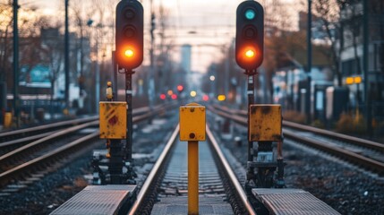 Railway Signals at Dusk with Red Lights