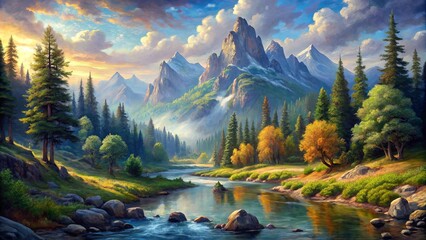 Obraz premium Serene River Winding Through a Verdant Valley, Encircled by Majestic Mountain Peaks with a Softly Lit Sky Above