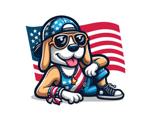 Cartoon Max Dog with an American flag Vector illustration 