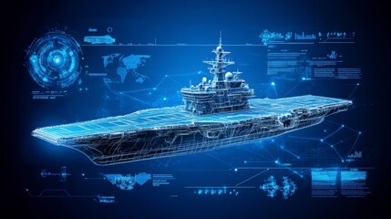 A digital rendering of a futuristic aircraft carrier with technical overlays.
