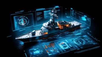 A digital rendering of a warship with holographic interfaces showcasing data and technology.