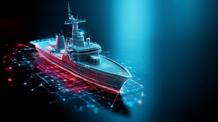 A digital rendering of a naval ship with a futuristic design and network connections.