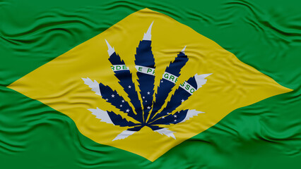 3d representation Brazilian flag with cannabis leaf in the center