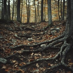 A close-up of a forest floor, with tree roots winding through the soil and fallen leaves scattered around
