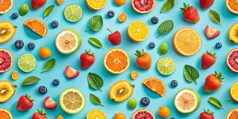 A vibrant arrangement of citrus fruits, berries, and leafy greens on a bright blue background, showcasing a delightful symphony of colors and textures.