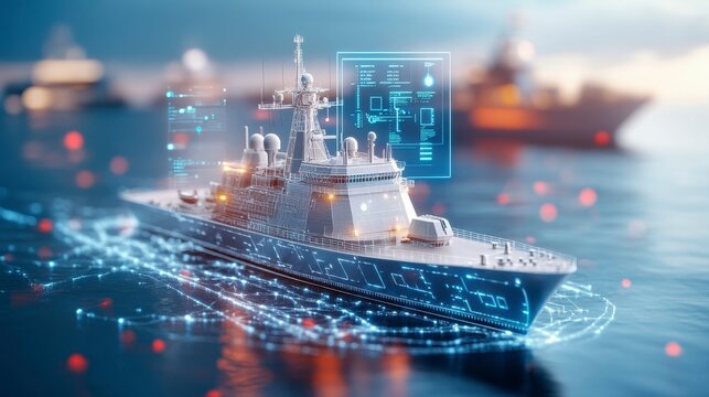 A digital representation of a naval ship with technology overlays in a maritime setting.
