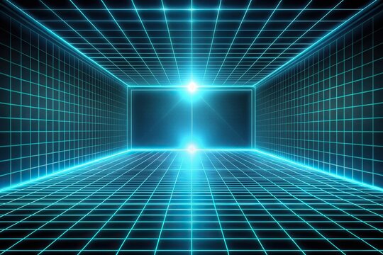 Futuristic Tron Legacy inspired background with illuminated grid and shapes silhouette